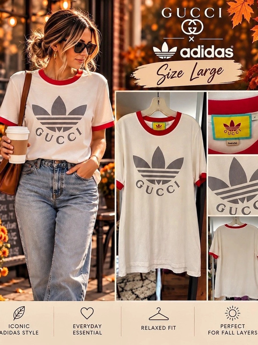Gucci x Adidas Trefoil Print T-Shirt White & Red Size Large